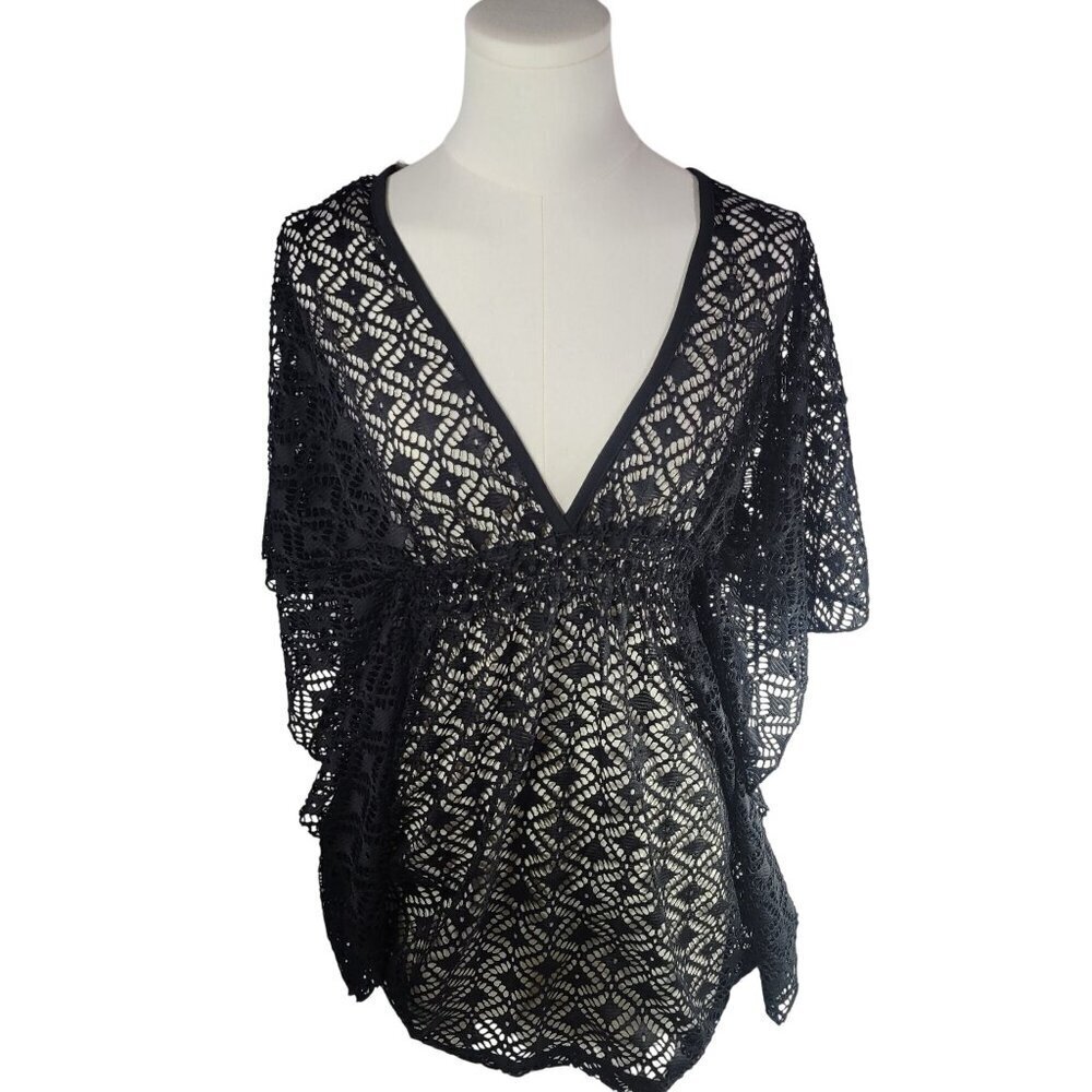 Miken Black Lace Crochet Swimsuit Cover-Up With V-Neck & Open Back Size XS